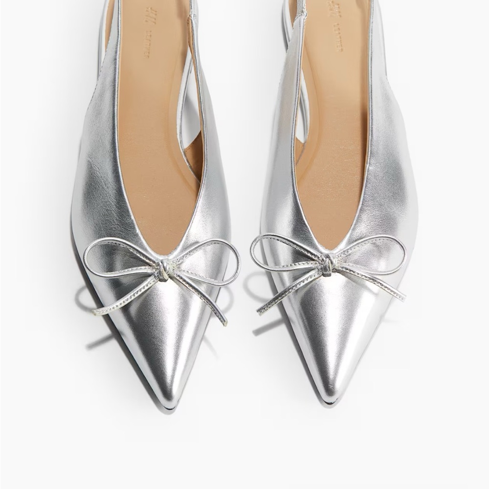 H&M Silver leather slingback ballet Flats with Bow Detail size 8 metallic office - Picture 3 of 13